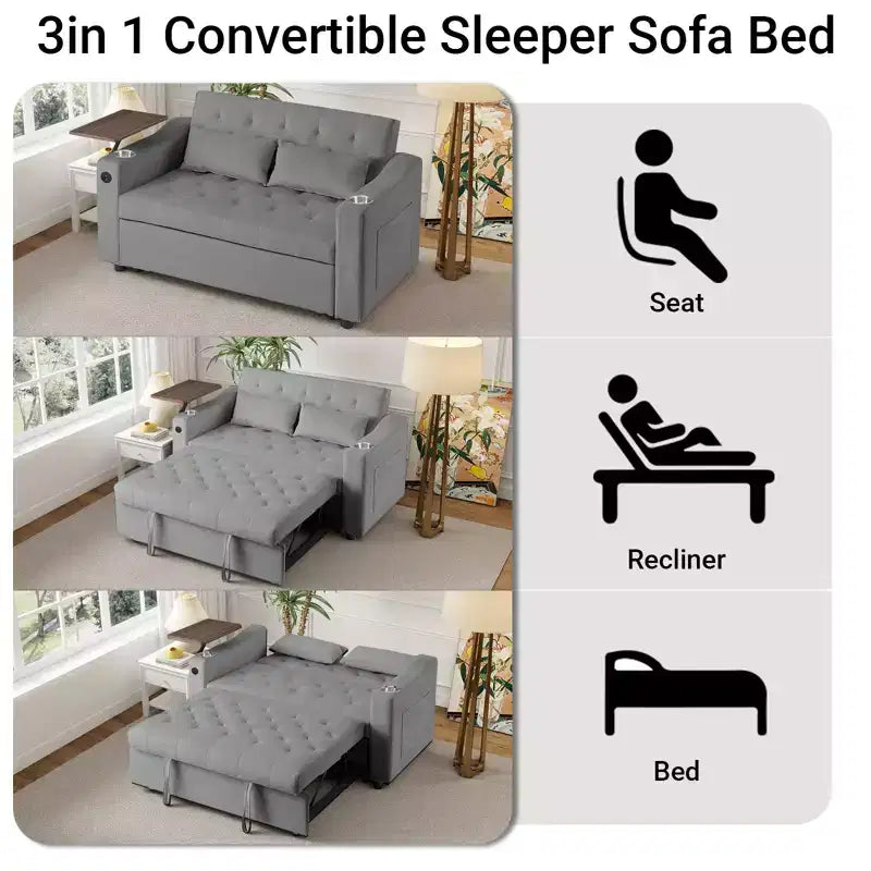 3-in-1 Sleeper Sofa Bed, Convertible Pull Out Couch with Small Table, USB and Type-C Ports, Loveseat Sleeper Bed with Side Pockets, Grey