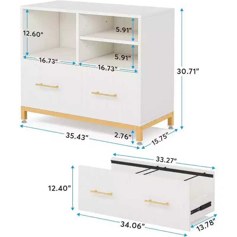 Lateral File Cabinet with Drawer, White Filing Cabinet for Letter/Legal/A4 Size with Printer Stand for Home Office, White and Gold