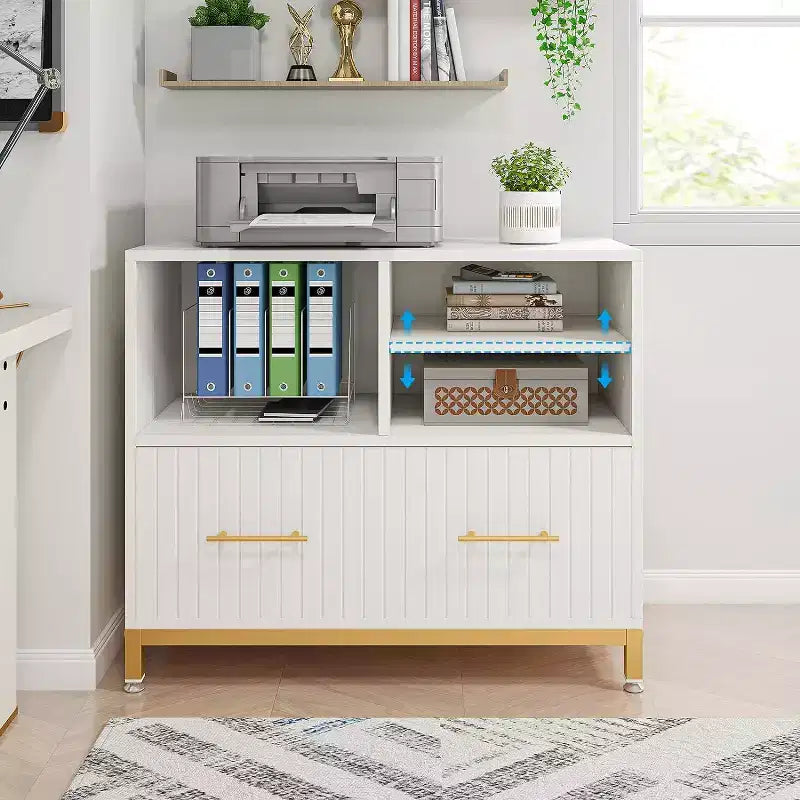 Lateral File Cabinet with Drawer, White Filing Cabinet for Letter/Legal/A4 Size with Printer Stand for Home Office, White and Gold