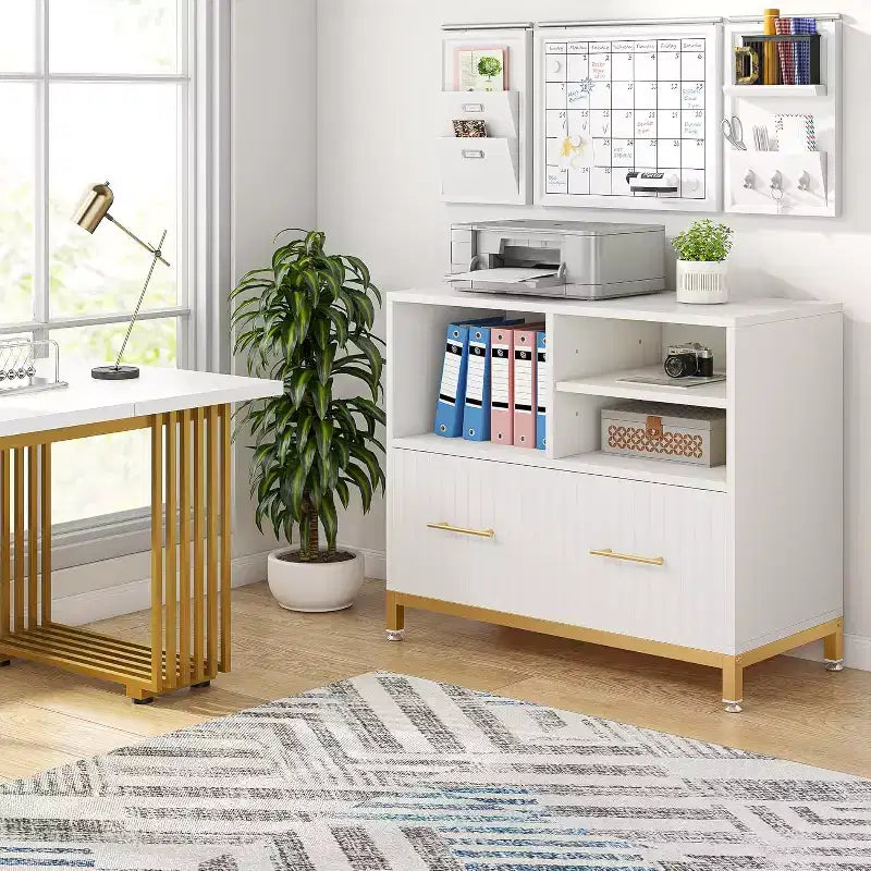 Lateral File Cabinet with Drawer, White Filing Cabinet for Letter/Legal/A4 Size with Printer Stand for Home Office, White and Gold