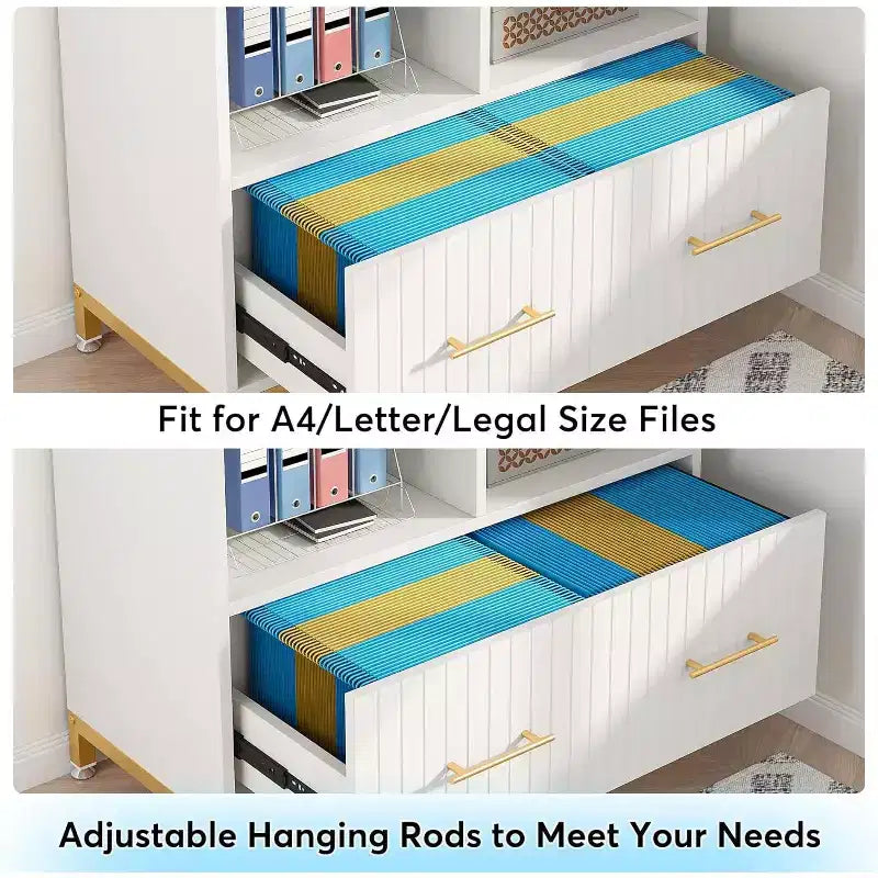 Lateral File Cabinet with Drawer, White Filing Cabinet for Letter/Legal/A4 Size with Printer Stand for Home Office, White and Gold