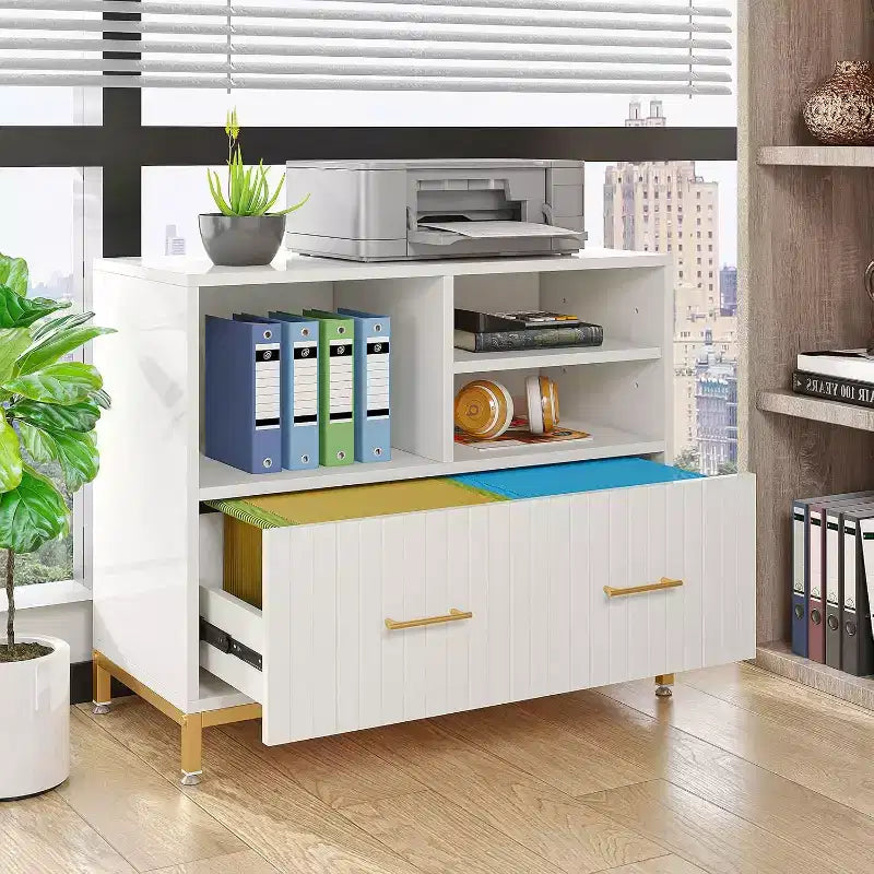 Lateral File Cabinet with Drawer, White Filing Cabinet for Letter/Legal/A4 Size with Printer Stand for Home Office, White and Gold