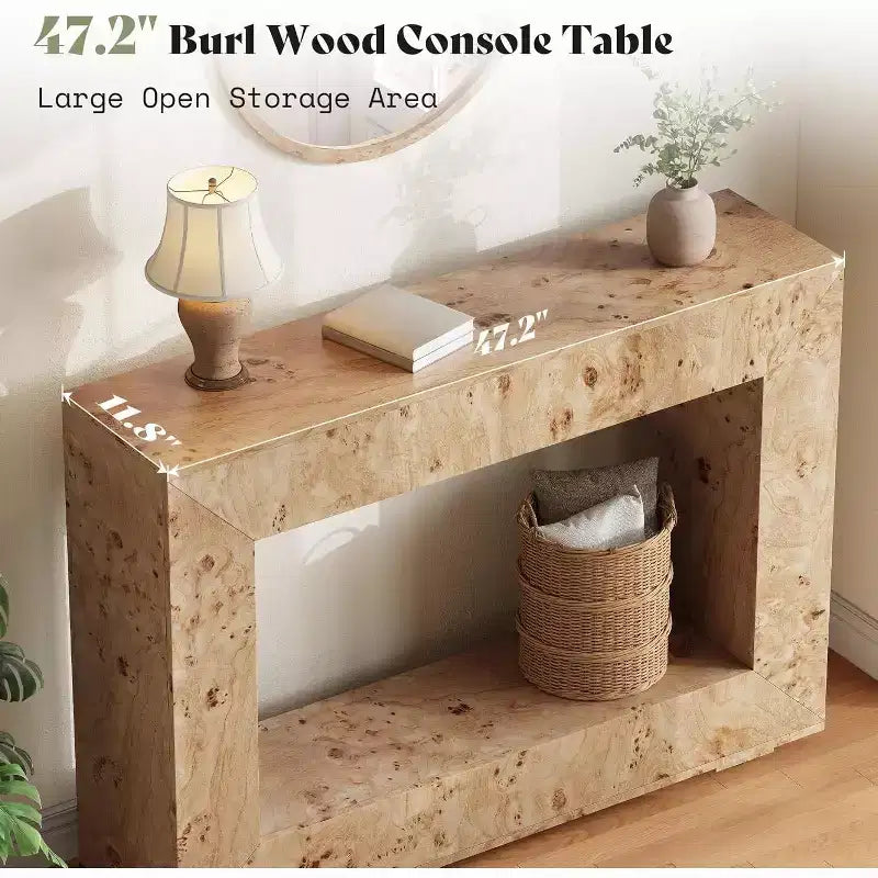 Burl Wood Console Table with Storage, Narrow Entryway Sofa Table for Living Room, Hallway, Foyer & Office