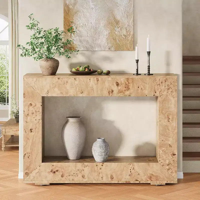 Burl Wood Console Table with Storage, Narrow Entryway Sofa Table for Living Room, Hallway, Foyer & Office