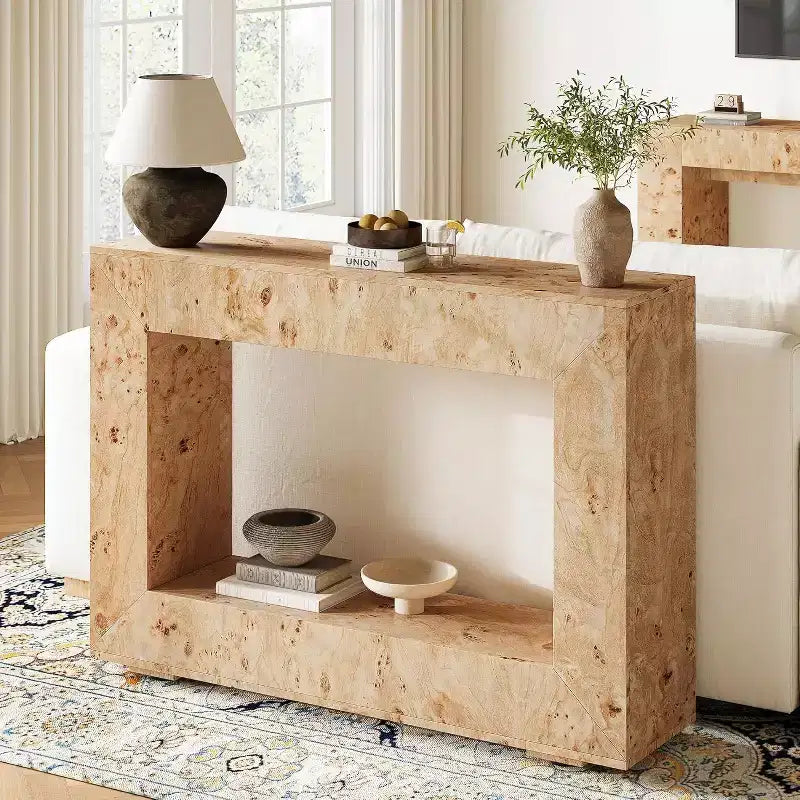Burl Wood Console Table with Storage, Narrow Entryway Sofa Table for Living Room, Hallway, Foyer & Office