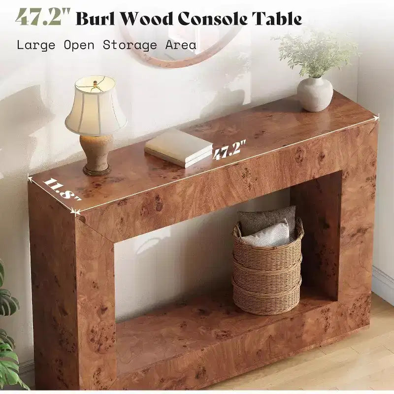 Burl Wood Console Table with Storage, Narrow Entryway Sofa Table for Living Room, Hallway, Foyer & Office