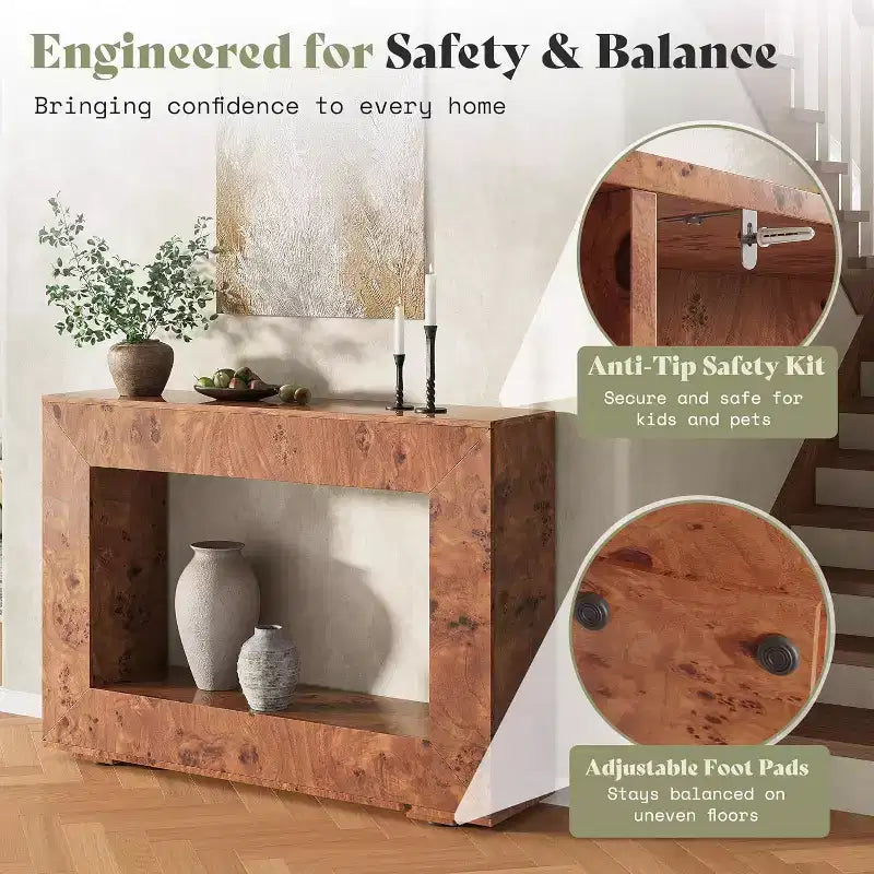 Burl Wood Console Table with Storage, Narrow Entryway Sofa Table for Living Room, Hallway, Foyer & Office