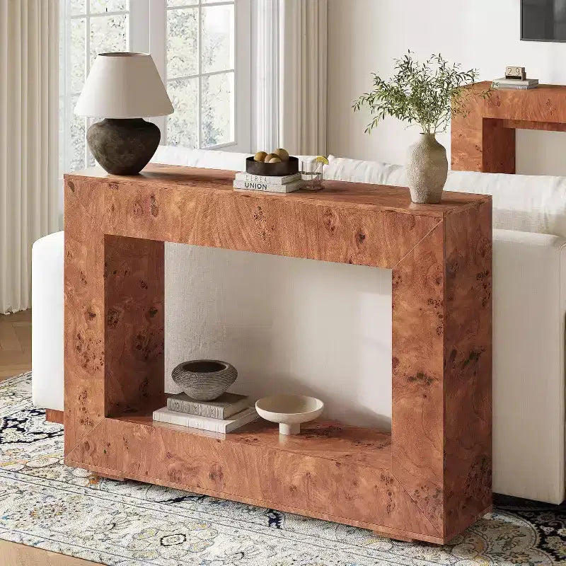 Burl Wood Console Table with Storage, Narrow Entryway Sofa Table for Living Room, Hallway, Foyer & Office