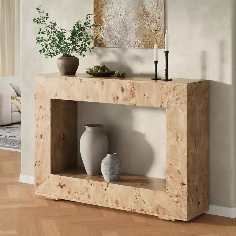 Burl Wood Console Table with Storage, Narrow Entryway Sofa Table for Living Room, Hallway, Foyer & Office