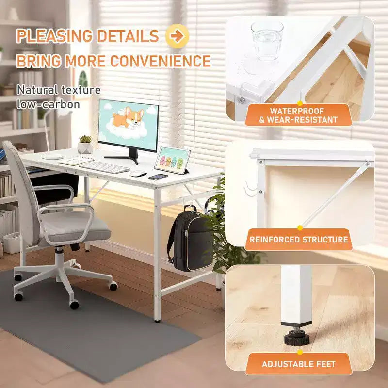47.2" Computer Desk for Home Office — Study Writing Desk with Storage, Side Hooks & Adjustable Feet