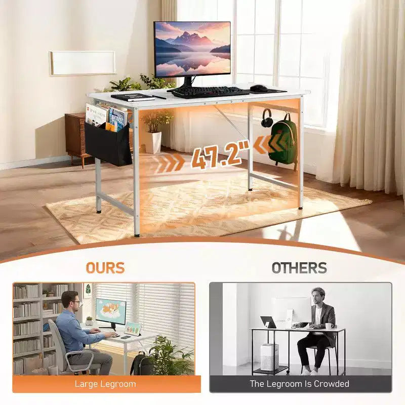 47.2" Computer Desk for Home Office — Study Writing Desk with Storage, Side Hooks & Adjustable Feet
