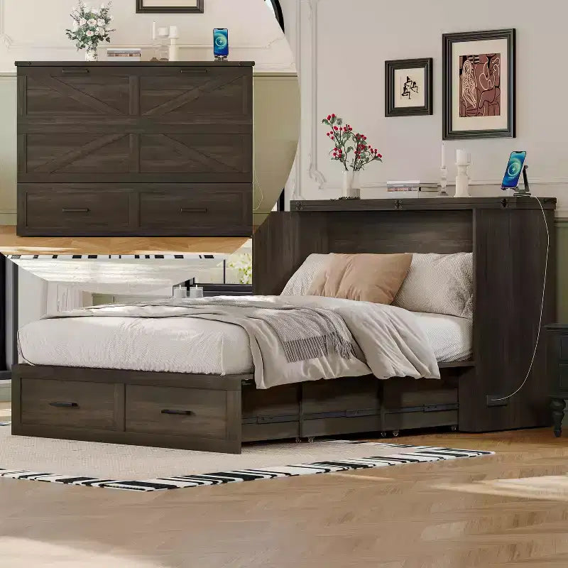 Full Size Farmhouse Cabinet Bed with Foldable Platform Bed and Large Storage Drawer for Bedroom, Rustic Gray