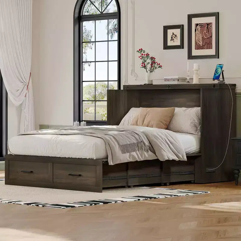 Full Size Farmhouse Cabinet Bed with Foldable Platform Bed and Large Storage Drawer for Bedroom, Rustic Gray