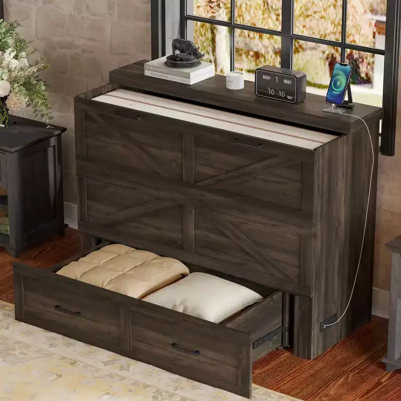 Full Size Farmhouse Cabinet Bed with Foldable Platform Bed and Large Storage Drawer for Bedroom, Rustic Gray
