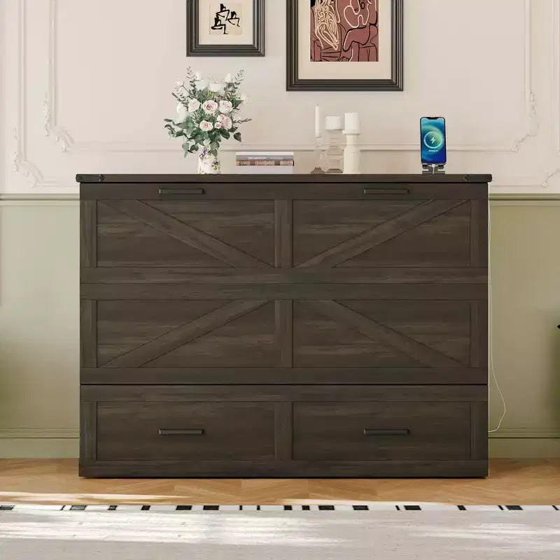 Full Size Farmhouse Cabinet Bed with Foldable Platform Bed and Large Storage Drawer for Bedroom, Rustic Gray