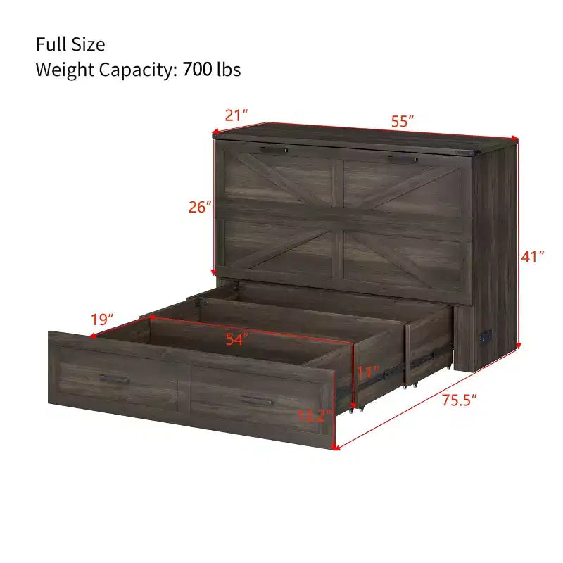 Full Size Farmhouse Cabinet Bed with Foldable Platform Bed and Large Storage Drawer for Bedroom, Rustic Gray
