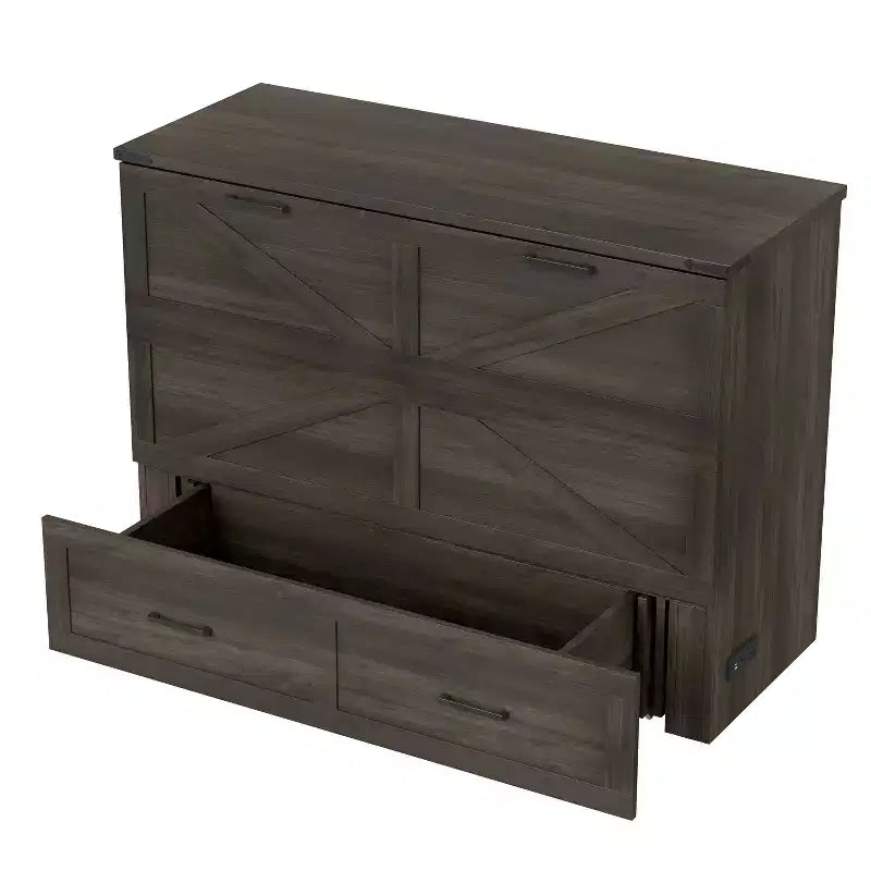Full Size Farmhouse Cabinet Bed with Foldable Platform Bed and Large Storage Drawer for Bedroom, Rustic Gray