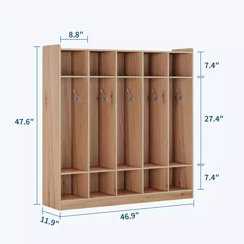 Kids Coat Locker Organizer with 10 Cubbies & Hooks, 5-Section Storage Unit for Classroom, Nursery, Entryway or Playroom, Natural Oak