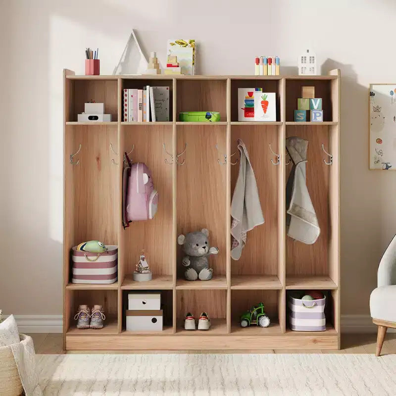Kids Coat Locker Organizer with 10 Cubbies & Hooks, 5-Section Storage Unit for Classroom, Nursery, Entryway or Playroom, Natural Oak