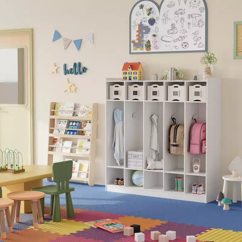 Kids Coat Locker Organizer with 10 Cubbies & Hooks, 5-Section Storage Unit for Classroom, Nursery, Entryway or Playroom, Natural Oak