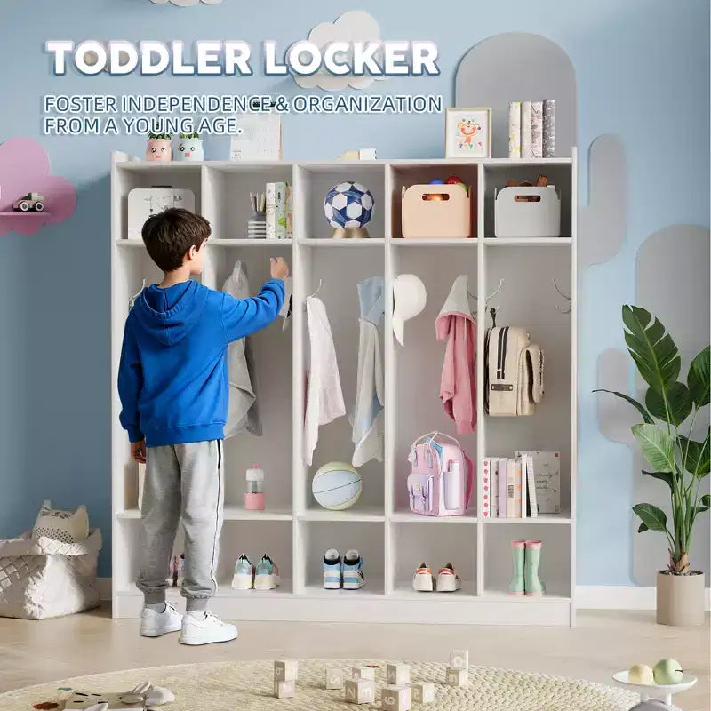 Kids Coat Locker Organizer with 10 Cubbies & Hooks, 5-Section Storage Unit for Classroom, Nursery, Entryway or Playroom, Natural Oak