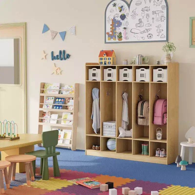 Kids Coat Locker Organizer with 10 Cubbies & Hooks, 5-Section Storage Unit for Classroom, Nursery, Entryway or Playroom, Natural Oak