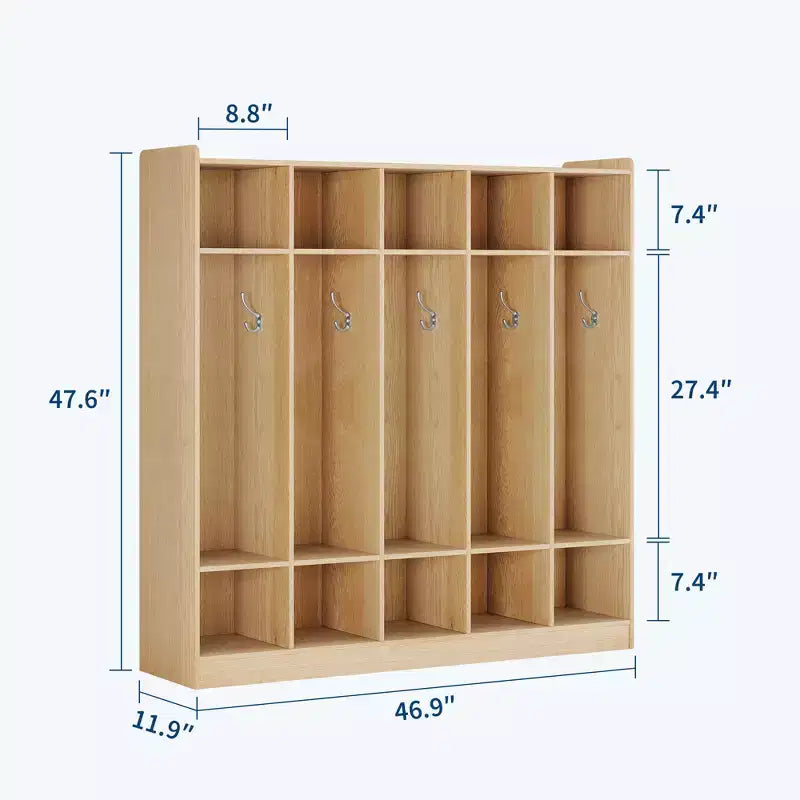 Kids Coat Locker Organizer with 10 Cubbies & Hooks, 5-Section Storage Unit for Classroom, Nursery, Entryway or Playroom, Natural Oak