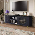 65-inch Modern Curved Profile TV Stand, Recessed Design, Fits TVs 69 Inches and Under, Marble-Effect Top with Gold Accents, Natural Blue
