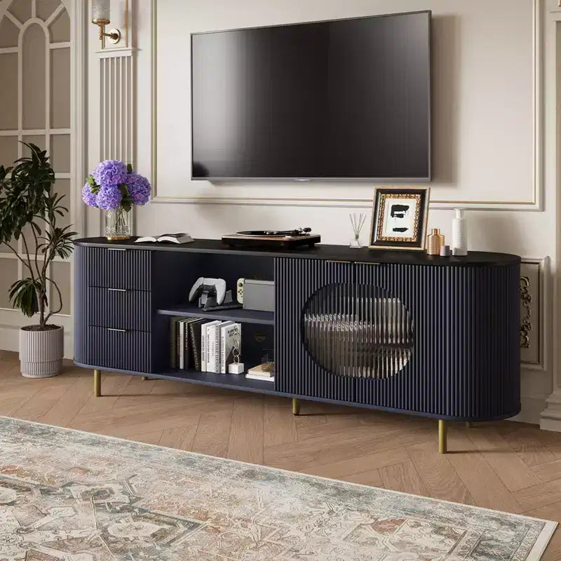65-inch Modern Curved Profile TV Stand, Recessed Design, Fits TVs 69 Inches and Under, Marble-Effect Top with Gold Accents, Natural Blue