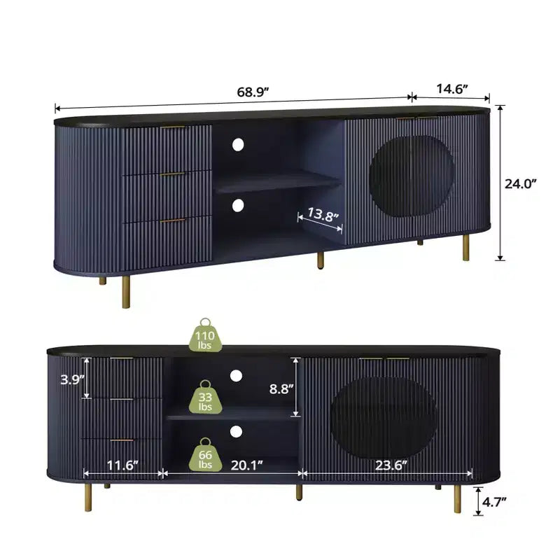 65-inch Modern Curved Profile TV Stand, Recessed Design, Fits TVs 69 Inches and Under, Marble-Effect Top with Gold Accents, Natural Blue
