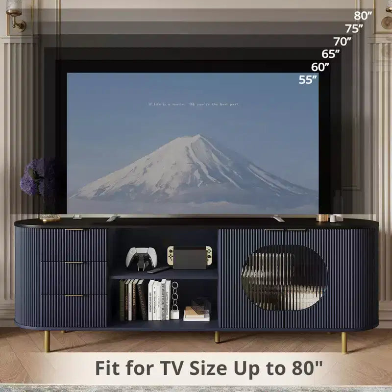 65-inch Modern Curved Profile TV Stand, Recessed Design, Fits TVs 69 Inches and Under, Marble-Effect Top with Gold Accents, Natural Blue