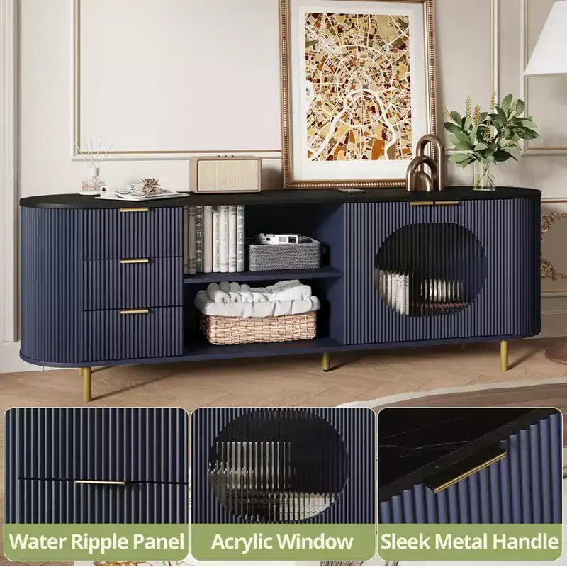 65-inch Modern Curved Profile TV Stand, Recessed Design, Fits TVs 69 Inches and Under, Marble-Effect Top with Gold Accents, Natural Blue