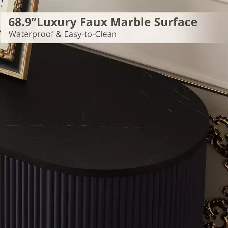 65-inch Modern Curved Profile TV Stand, Recessed Design, Fits TVs 69 Inches and Under, Marble-Effect Top with Gold Accents, Natural Blue