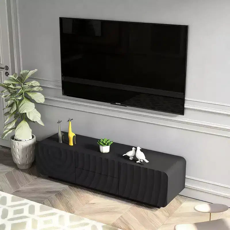 58" TV Console with Modern Spiral Wave Design, Storage Cabinet and 2 Drawers, Black
