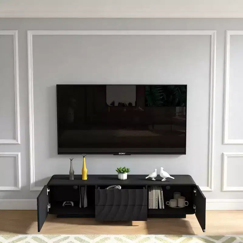 58" TV Console with Modern Spiral Wave Design, Storage Cabinet and 2 Drawers, Black