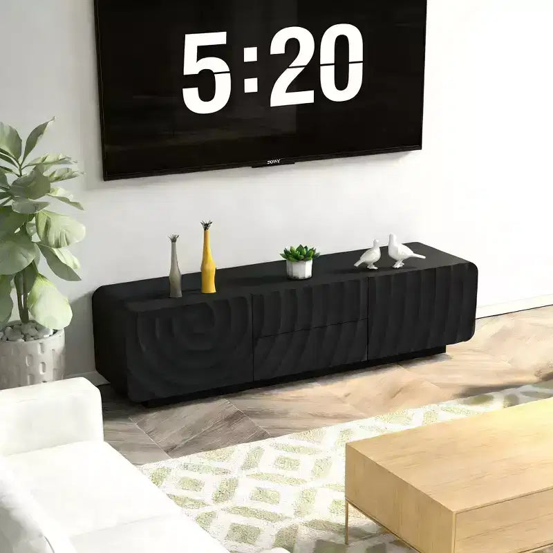58" TV Console with Modern Spiral Wave Design, Storage Cabinet and 2 Drawers, Black