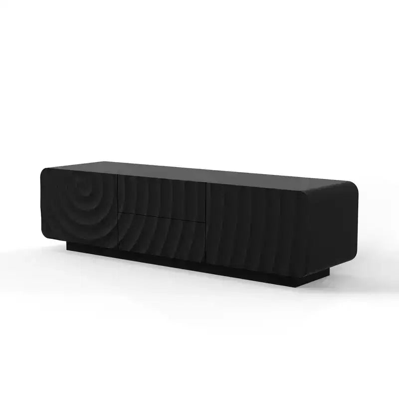 58" TV Console with Modern Spiral Wave Design, Storage Cabinet and 2 Drawers, Black