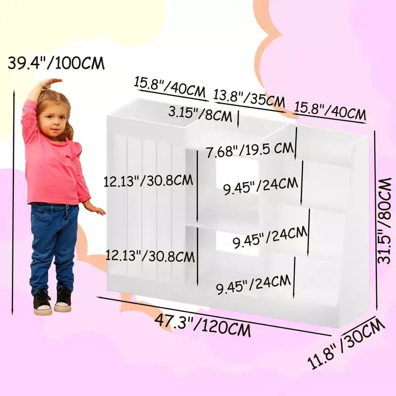 Children's Bookshelf and Toy Storage Rack, 3-Tier Kids' Room Bookshelf with Hanging Basket and Plush Toy Storage Area