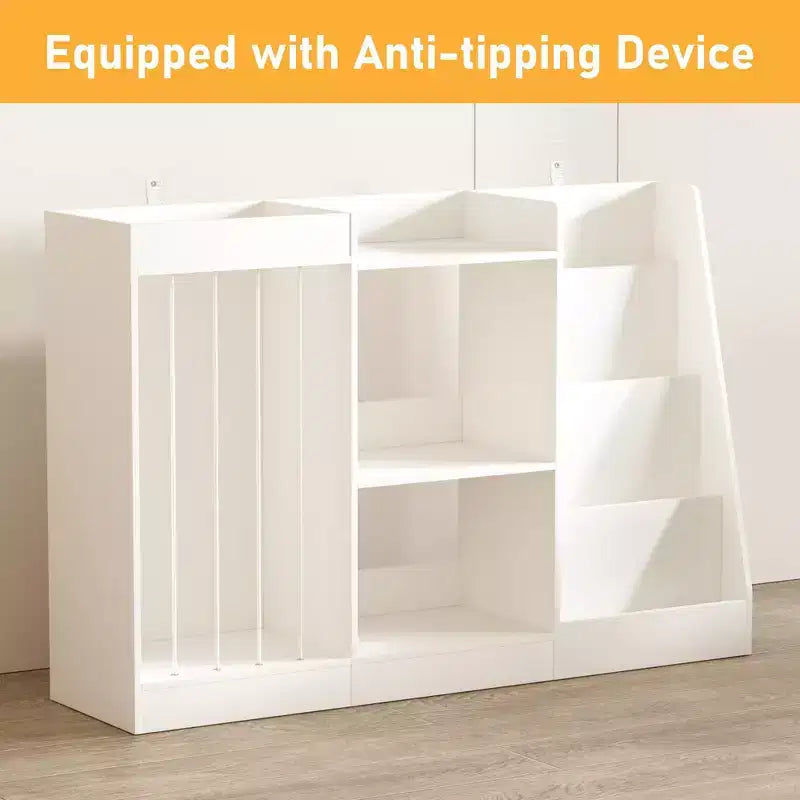 Children's Bookshelf and Toy Storage Rack, 3-Tier Kids' Room Bookshelf with Hanging Basket and Plush Toy Storage Area