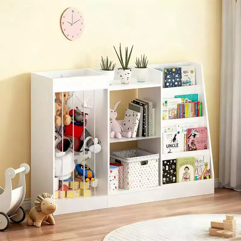Children's Bookshelf and Toy Storage Rack, 3-Tier Kids' Room Bookshelf with Hanging Basket and Plush Toy Storage Area