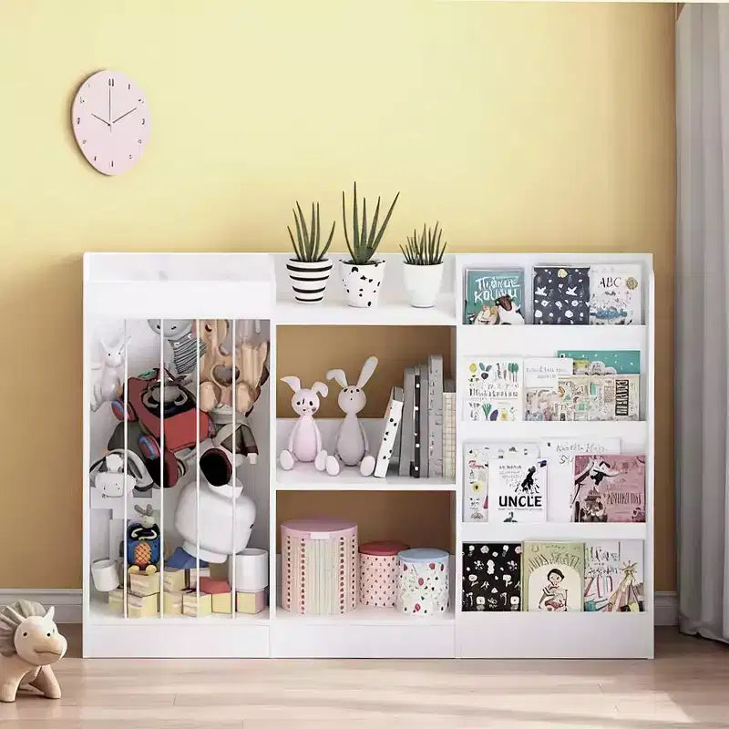 Children's Bookshelf and Toy Storage Rack, 3-Tier Kids' Room Bookshelf with Hanging Basket and Plush Toy Storage Area