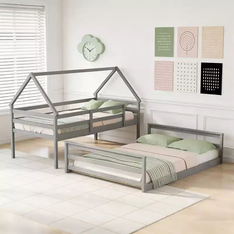 Twin over Full House Bunk Bed with Ladder, Detachable into 2 Beds