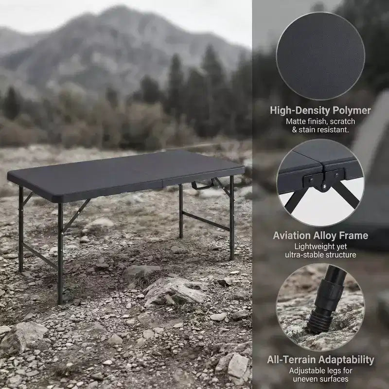 4ft Portable Folding Table - Heavy-Duty 135KG Capacity Indoor Outdoor Table for Camping, Patio, Picnic & Events, Black