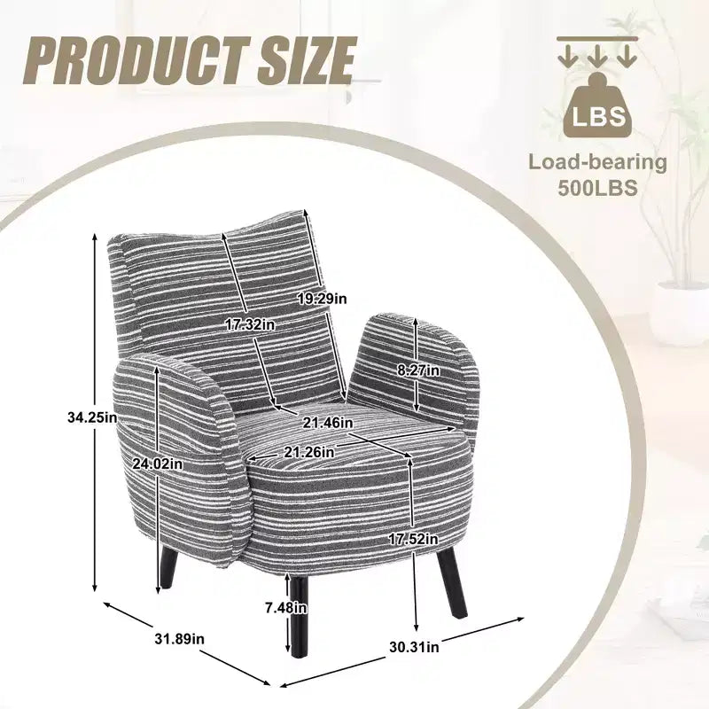 Modern Stripe Design Sofa Armchair with Side Pocket and Solid Wood Legs, Comfortable Accent Reading Chair for Living Room Bedroom Office