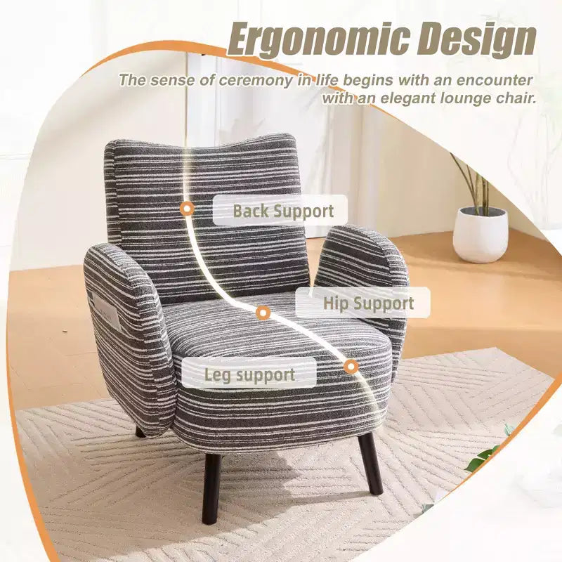 Modern Stripe Design Sofa Armchair with Side Pocket and Solid Wood Legs, Comfortable Accent Reading Chair for Living Room Bedroom Office