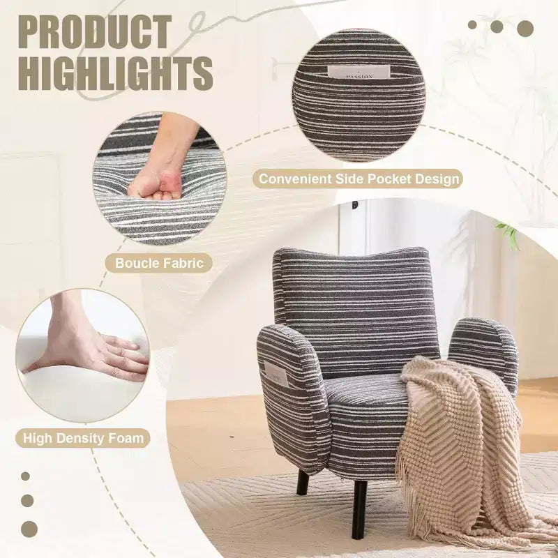Modern Stripe Design Sofa Armchair with Side Pocket and Solid Wood Legs, Comfortable Accent Reading Chair for Living Room Bedroom Office