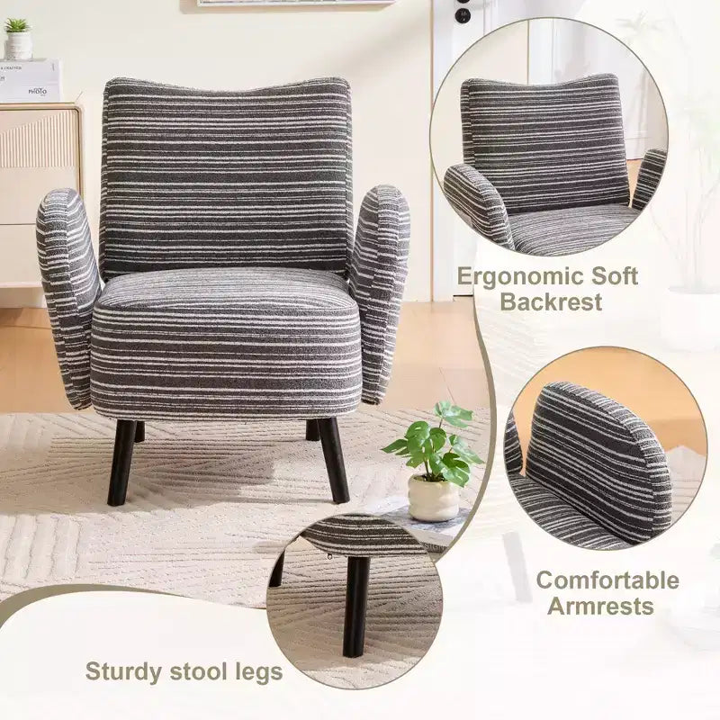 Modern Stripe Design Sofa Armchair with Side Pocket and Solid Wood Legs, Comfortable Accent Reading Chair for Living Room Bedroom Office