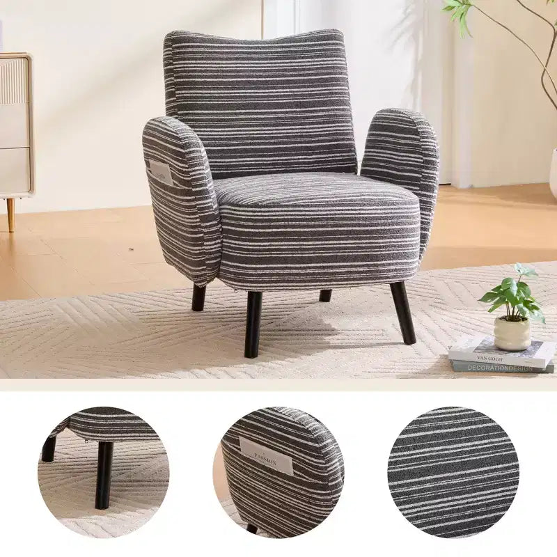 Modern Stripe Design Sofa Armchair with Side Pocket and Solid Wood Legs, Comfortable Accent Reading Chair for Living Room Bedroom Office