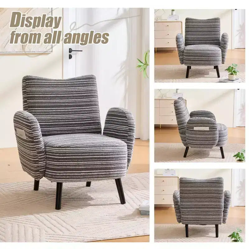 Modern Stripe Design Sofa Armchair with Side Pocket and Solid Wood Legs, Comfortable Accent Reading Chair for Living Room Bedroom Office