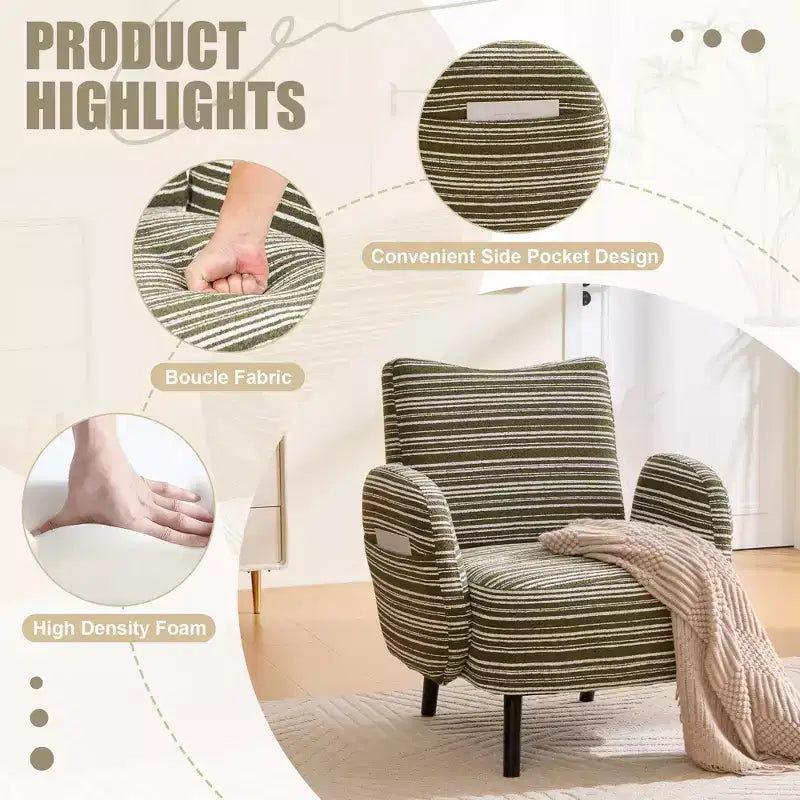 Modern Stripe Design Sofa Armchair with Side Pocket and Solid Wood Legs, Comfortable Accent Reading Chair for Living Room Bedroom Office